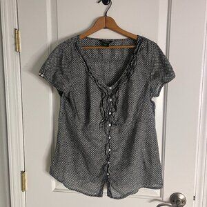 Eddie Bauer Navy Blue w/flowers button down shirt short sleeve LARGE